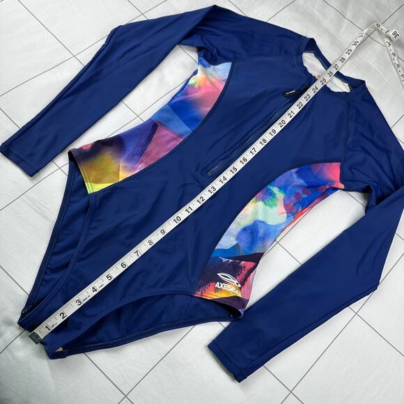 Axesea Swimsuit Womens 4 Blue Watercolor Rash Guard Long Sleeve Sun Protection - Picture 9 of 9